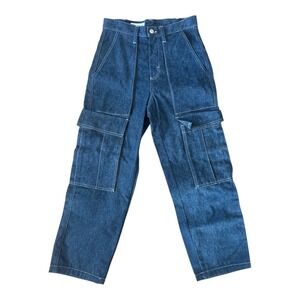 ZARA Women Dark Wash Denim Cargo Pants High Rise Utility Pockets